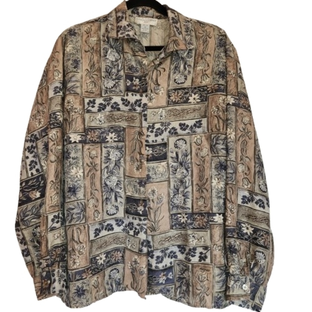 Casual Corner 100% Silk Floral Patchwork Vibe Blouse Size L Brown/Blue/Green